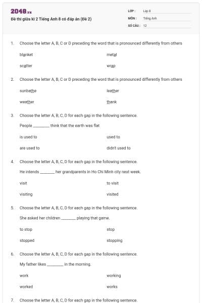 Đề thi giữa kì 2 Tiếng Anh 8 có đáp án (Đề 2)