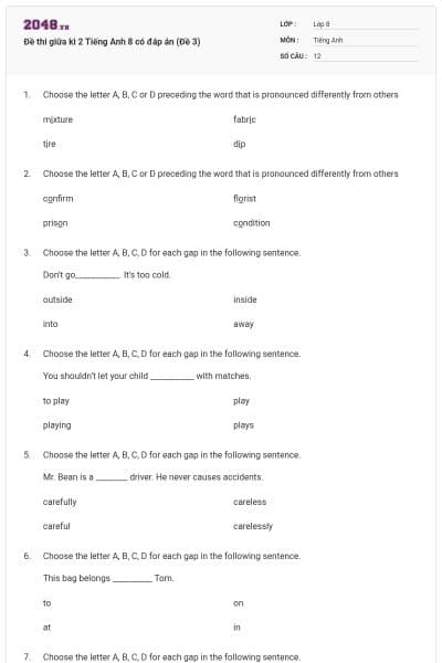 Đề thi giữa kì 2 Tiếng Anh 8 có đáp án (Đề 3)