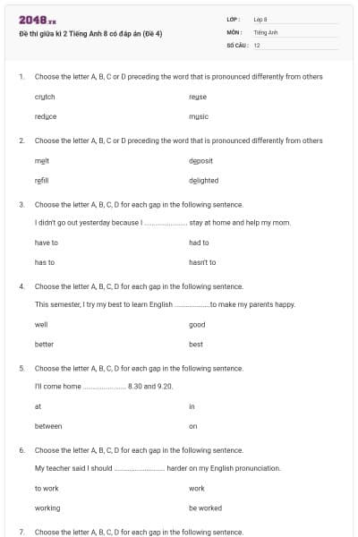 Đề thi giữa kì 2 Tiếng Anh 8 có đáp án (Đề 4)