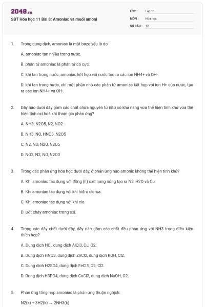 SBT Hóa học 11 Bài 8: Amoniac và muối amoni