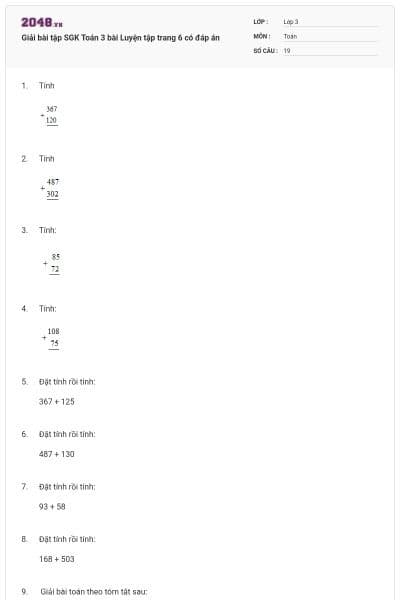 Giải bài tập SGK Toán 3 bài Luyện tập trang 6 có đáp án