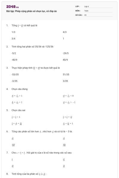 Bài tập: Phép cộng phân số chọn lọc, có đáp án
