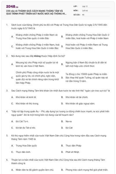 220 câu về THÀNH QUẢ CÁCH MẠNG THÁNG TÁM VÀ QUÁ TRÌNH PHÁT TRIỂN ĐẤT NƯỚC MỨC ĐỘ THÔNG HIỂU (P1)