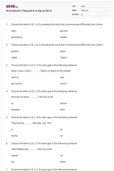 Đề thi giữa kì 2 Tiếng Anh 8 có đáp án (Đề 5)
