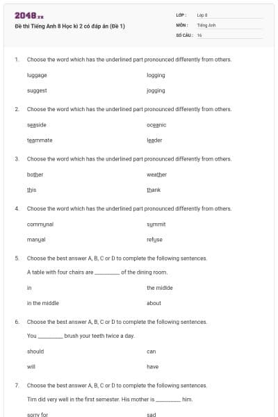Đề thi Tiếng Anh 8 Học kì 2 có đáp án (Đề 1)
