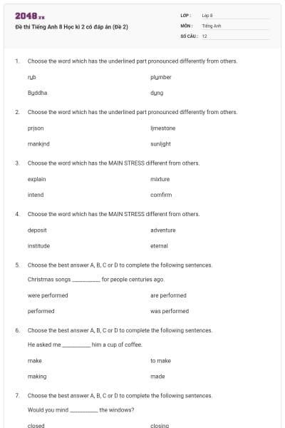 Đề thi Tiếng Anh 8 Học kì 2 có đáp án (Đề 2)