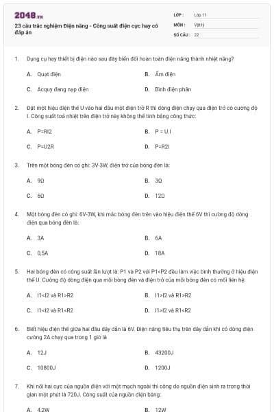 23 câu trắc nghiệm Điện năng - Công suất điện cực hay có đáp án