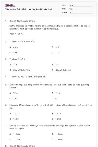 Trắc nghiệm Toán 4 Bài 1: (có đáp án) giới thiệu tỉ số