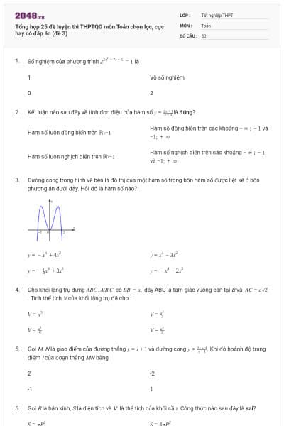 Tổng hợp 25 đề luyện thi THPTQG môn Toán chọn lọc, cực hay có đáp án (đề 3)
