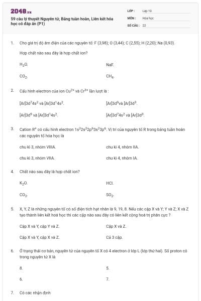 59 câu lý thuyết Nguyên tử, Bảng tuần hoàn, Liên kết hóa học có đáp án (P1)