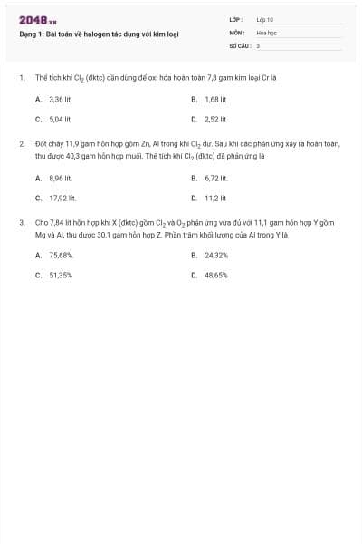 Dạng 1: Bài toán về halogen tác dụng với kim loại