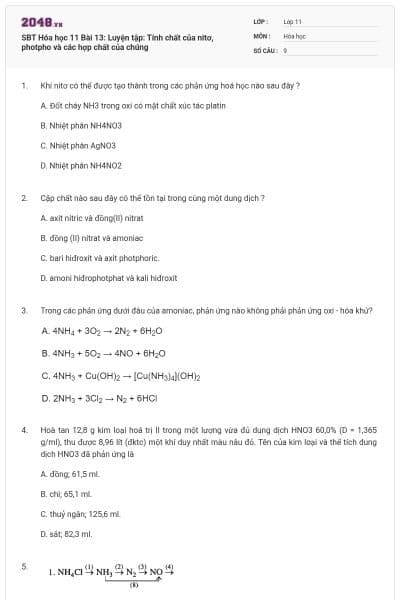 SBT Hóa học 11 Bài 13: Luyện tập: Tính chất của nitơ, photpho và các hợp chất của chúng