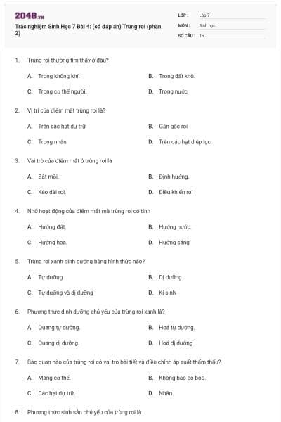Trắc nghiệm Sinh Học 7 Bài 4: (có đáp án) Trùng roi (phần 2)