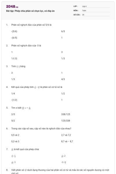Bài tập: Phép chia phân số chọn lọc, có đáp án