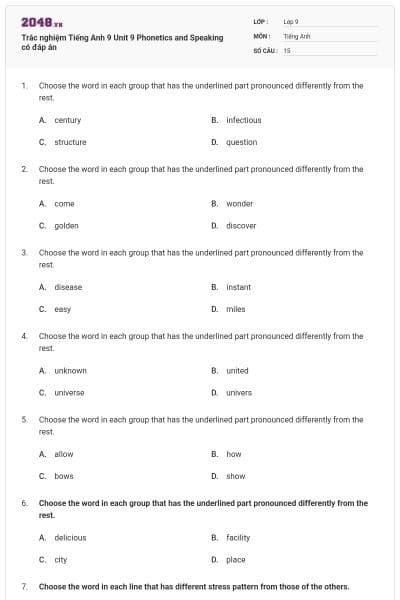 Trắc nghiệm Tiếng Anh 9 Unit 9 Phonetics and Speaking có đáp án