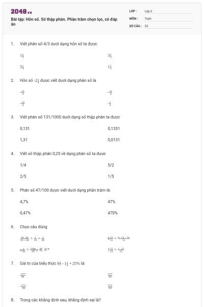 Bài tập: Hỗn số. Số thập phân. Phần trăm chọn lọc, có đáp án