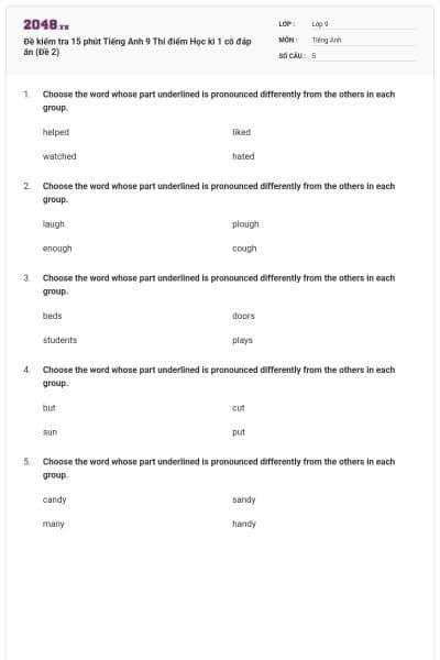Đề kiểm tra 15 phút Tiếng Anh 9 Thí điểm Học kì 1 có đáp án (Đề 2)