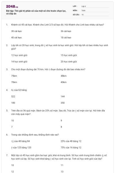 Bài tập: Tìm giá trị phân số của một số cho trước chọn lọc, có đáp án