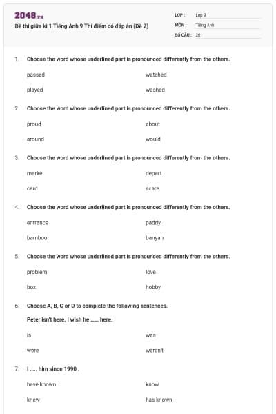 Đề thi giữa kì 1 Tiếng Anh 9 Thí điểm có đáp án (Đề 2)