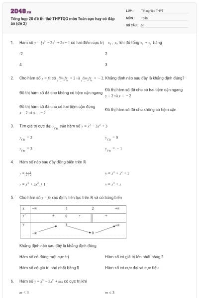 Tổng hợp 20 đề thi thử THPTQG môn Toán cực hay có đáp án (đề 2)
