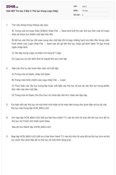 Giải SBT Tin học 5 Bài 3: Thủ tục trong Logo (tiếp)
