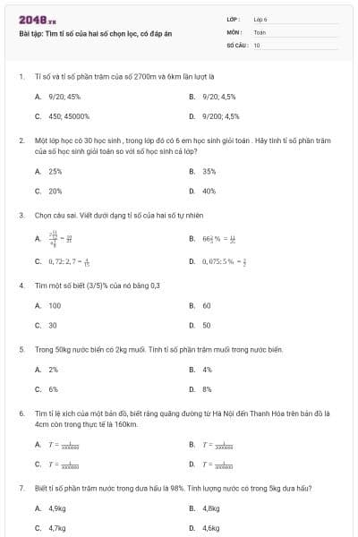 Bài tập: Tìm tỉ số của hai số chọn lọc, có đáp án