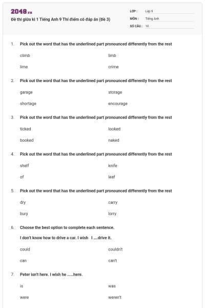 Đề thi giữa kì 1 Tiếng Anh 9 Thí điểm có đáp án (Đề 3)