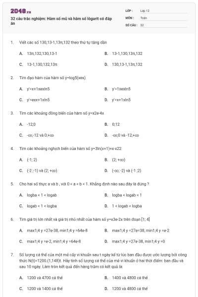 32 câu trắc nghiệm: Hàm số mũ và hàm số lôgarit có đáp án