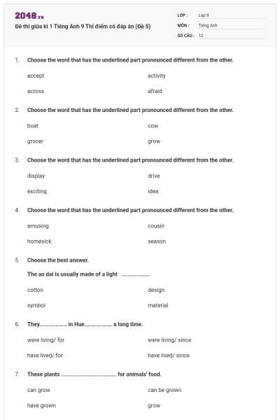 Đề thi giữa kì 1 Tiếng Anh 9 Thí điểm có đáp án (Đề 5)