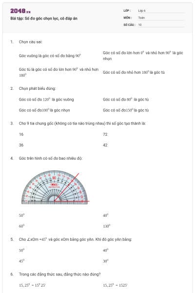 Bài tập: Số đo góc chọn lọc, có đáp án