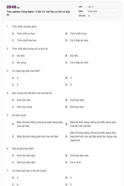 Trắc nghiệm Công Nghệ 11 Bài 15: Vật liệu cơ khí có đáp án