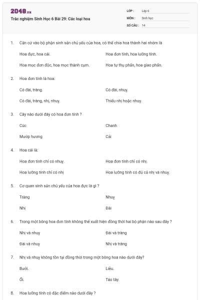 Trắc nghiệm Sinh Học 6 Bài 29: Các loại hoa