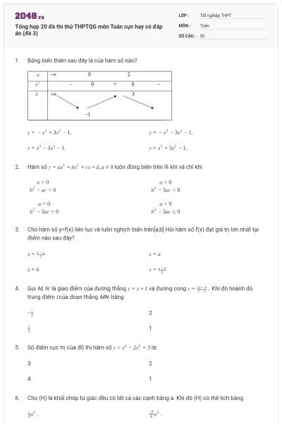 Tổng hợp 20 đề thi thử THPTQG môn Toán cực hay có đáp án (đề 3)