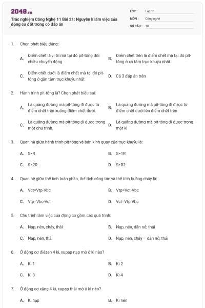 Trắc nghiệm Công Nghệ 11 Bài 21: Nguyên lí làm việc của động cơ đốt trong có đáp án