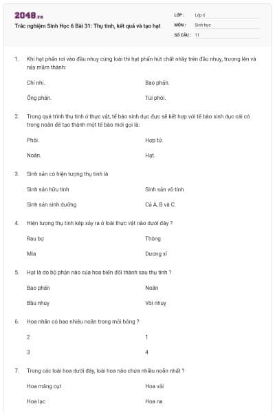 Trắc nghiệm Sinh Học 6 Bài 31: Thụ tinh, kết quả và tạo hạt