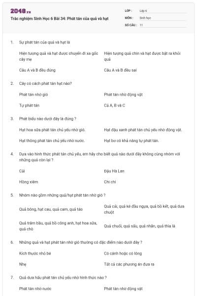 Trắc nghiệm Sinh Học 6 Bài 34: Phát tán của quả và hạt