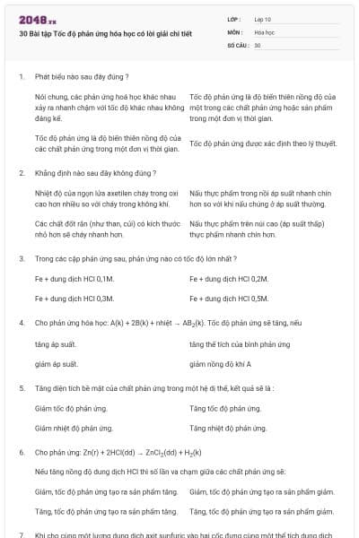 30 Bài tập Tốc độ phản ứng hóa học có lời giải chi tiết