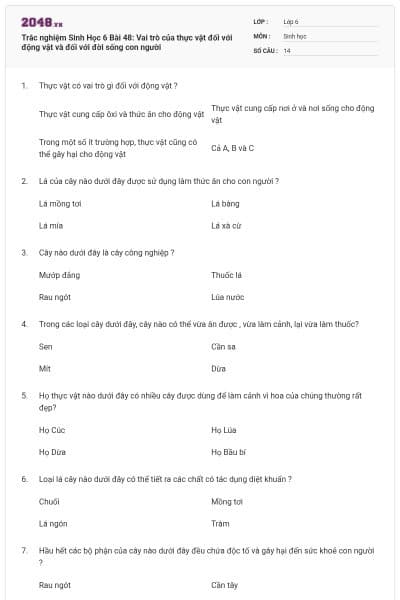 Trắc nghiệm Sinh Học 6 Bài 48: Vai trò của thực vật đối với động vật và đối với đời sống con người
