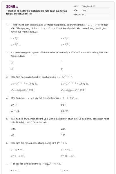 Tổng hợp 20 đề thi thử thpt quốc gia môn Toán cực hay có lời giải chi tiết(Đề số 15)