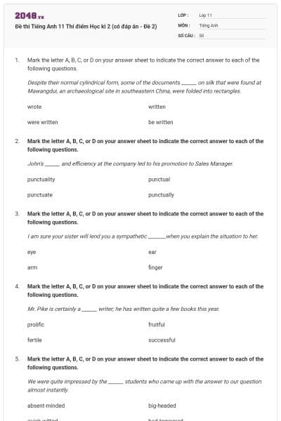 Đề thi Tiếng Anh 11 Thí điểm Học kì 2 (có đáp án - Đề 2)