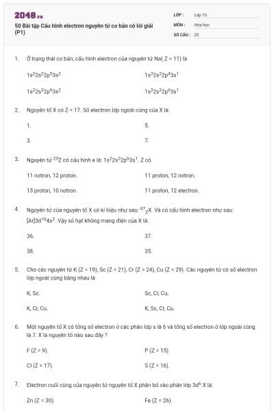 50 Bài tập Cấu hình electron nguyên tử cơ bản có lời giải (P1)