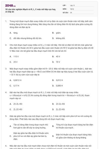 30 câu trắc nghiệm Mạch có R, L, C mắc nối tiếp cực hay, có đáp án
