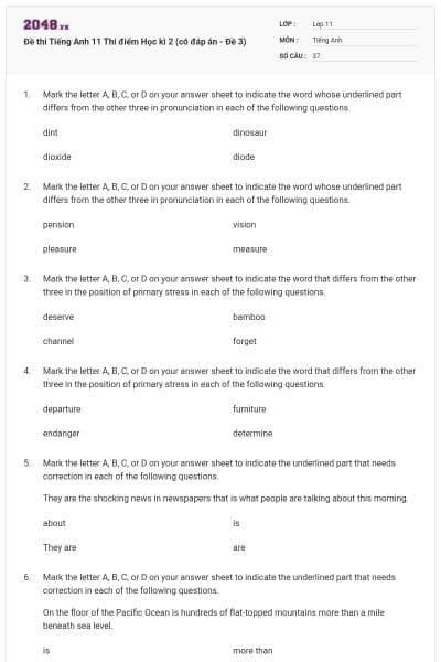 Đề thi Tiếng Anh 11 Thí điểm Học kì 2 (có đáp án - Đề 3)