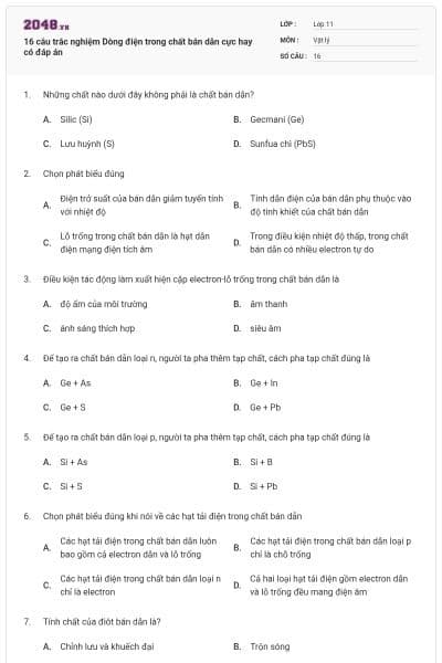 16 câu trắc nghiệm Dòng điện trong chất bán dẫn cực hay có đáp án