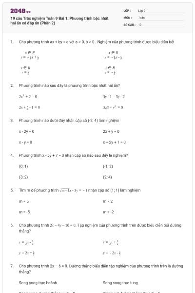 19 câu Trắc nghiệm Toán 9 Bài 1: Phương trình bậc nhất hai ẩn có đáp án (Phần 2)