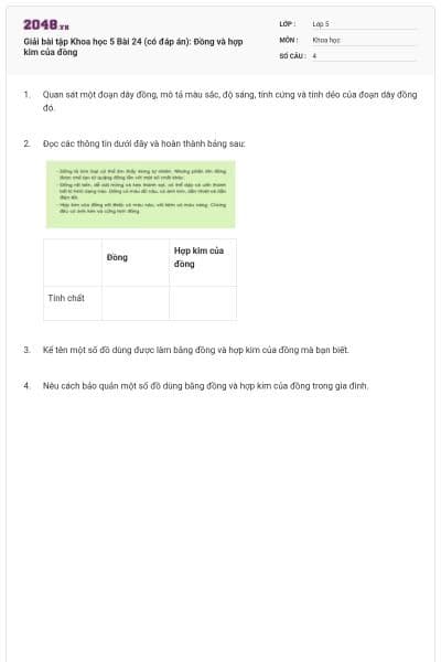 Giải bài tập Khoa học 5 Bài 24 (có đáp án): Đồng và hợp kim của đồng