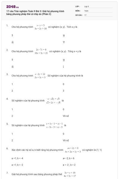 17 câu Trắc nghiệm Toán 9 Bài 3: Giải hệ phương trình bằng phương pháp thế có đáp án (Phần 2)