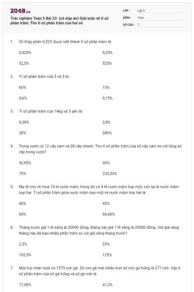 Trắc nghiệm Toán 5 Bài 22: (có đáp án) Giải toán về tỉ số phần trăm: Tìm tỉ số phần trăm của hai số