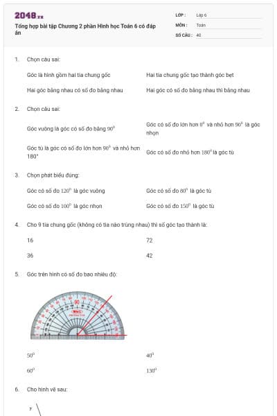 Tổng hợp bài tập Chương 2 phần Hình học Toán 6 có đáp án