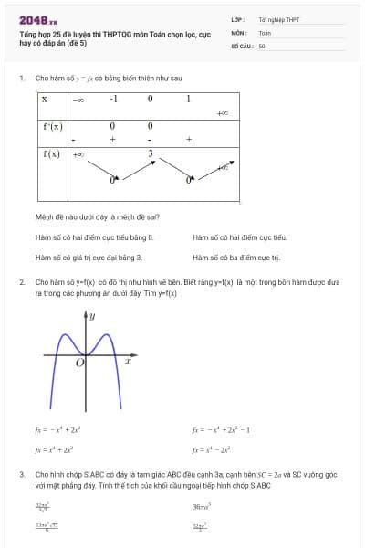 Tổng hợp 25 đề luyện thi THPTQG môn Toán chọn lọc, cực hay có đáp án (đề 5)